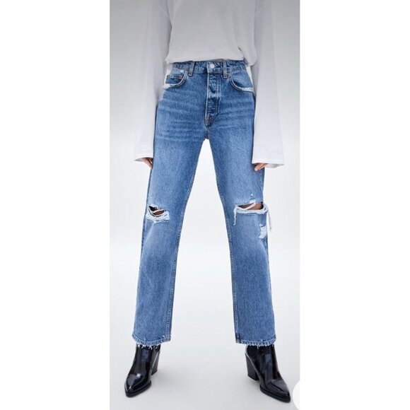 Zara High Rise Jeans Women 4 Blue Distressed Rigid Casual Contemporay Raw Hem - Picture 2 of 15